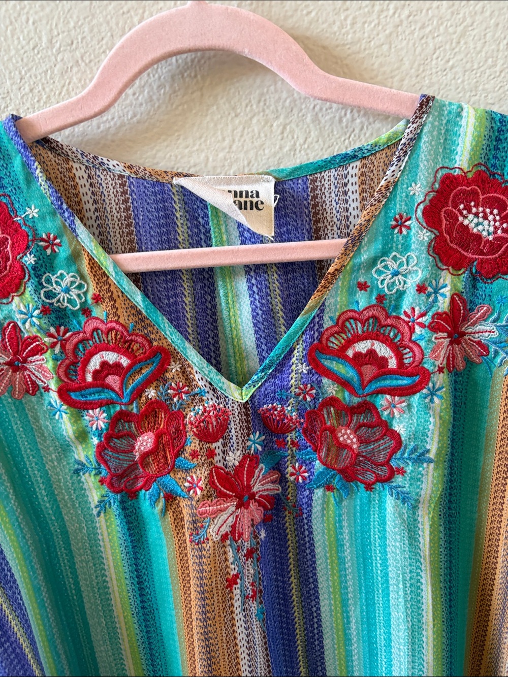 Savanna Jane Teal Multicolor Striped Embroidered V-Neck Tunic - Picture 5 of 8